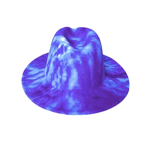 Detailed view of the wavy purple and blue tie-dye texture on a wool jazz fedora hat