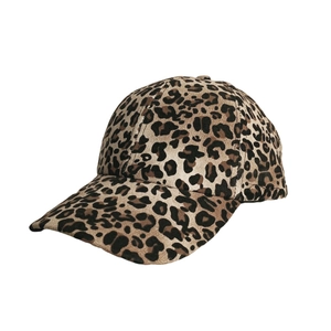 Detailed macro view of leopard print texture and stitching on the cotton baseball cap