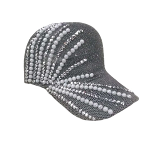 Gray knitted baseball cap for women with elegant pearl and rhinestone starburst pattern