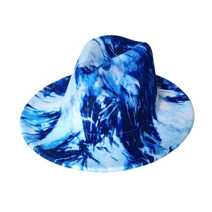 Chapeau fedora à bord plat avec motif marbré graffiti bleu et blanc pour hommes et femmes