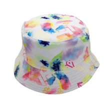 Detailed stitching on wide brim of rainbow camo sun hat with colorful patterns