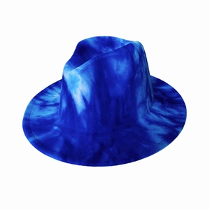 British style blue tie-dye fedora wool jazz hat with wide brim for men and women