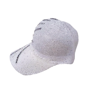 Fashionable silver knit baseball cap with sparkling rhinestones and hollow-out mesh design