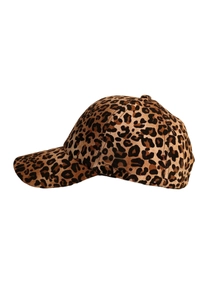 Detailed view of leopard print baseball cap featuring soft suede texture and classic curved brim