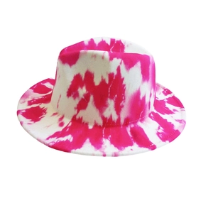 Detail of pink and white tie-dye wool fedora hat showing texture and fine brim stitching
