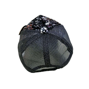 Detailed back view of black sequin baseball cap showing breathable mesh net and adjustable strap