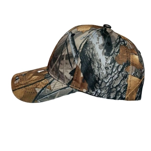 Detail view of the six-panel structure and forest camouflage pattern on this baseball cap