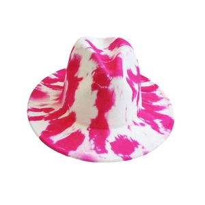 Fashionable felt fedora hat featuring a vibrant pink and white tie-dye effect with wide brim