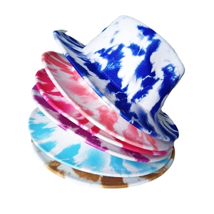 Stack of five colorful tie-dye fedora hats showing vibrant digital print textures
