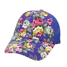 Detailed view of floral mesh baseball cap with purple rose prints and blue breathable netting