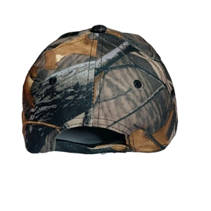 Rear view of camouflage baseball cap showing adjustable strap and forest leaf print