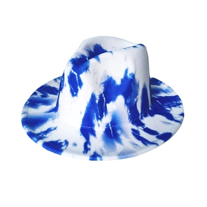 Blue and white tie-dye wool fedora hat with wide brim in a stylish minimalist design