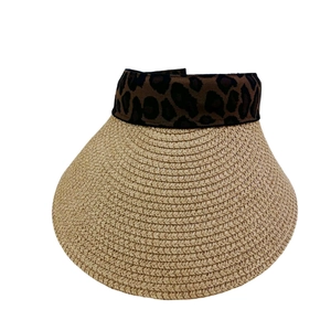 Straw sun visor hat with leopard print elastic band for women fashion summer beach wear