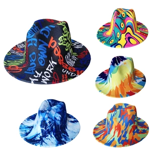 Chapeau Fedora à Bord Large à la Mode Mélange de Coton Imprimé Graffiti Chapeau de Jazz pour Femmes Hommes Tie-Dye