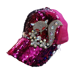 Rose red sequined baseball cap with rhinestone fox logo and breathable mesh back