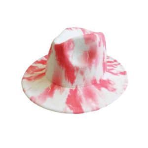 Fashionable wool fedora hat with unique pink tie-dye print and wide brim for autumn and winter
