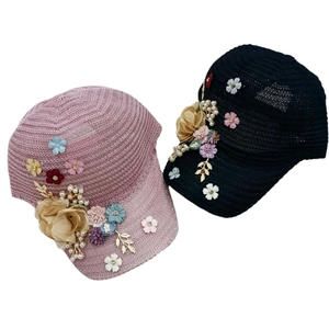 Elegant Women Knit Cotton Baseball Cap Breathable Hollow Out 3D Floral Decoration Sun Hat Artificial Pearl Accents For Vacation