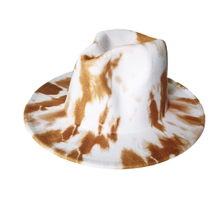 Modern wide brim wool fedora hat with white and brown tie-dye pattern for winter fashion