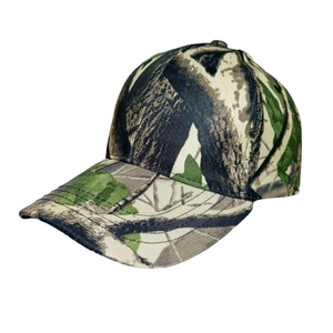 Men's camouflage tactical baseball cap featuring realistic forest leaf print on a 45-degree angle
