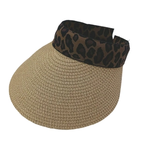 Detailed texture of woven straw sun hat with stylish leopard print elastic band