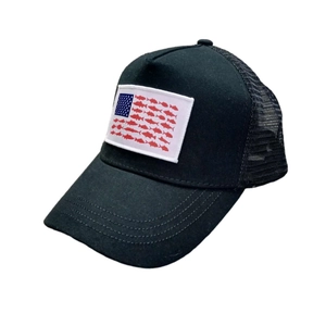 Detailed view of black trucker hat with mesh back and fish American flag embroidery