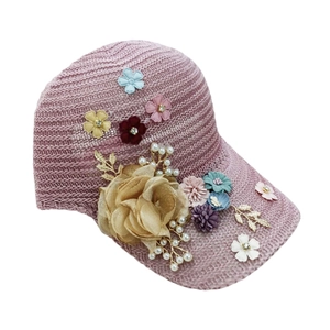 Breathable lavender knit baseball cap featuring 3D floral accents and pearl details