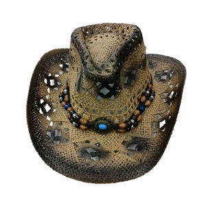 Chapeau de cowboy en paille tressée avec perles turquoise et protection solaire à bord large