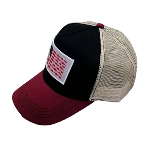 Black and burgundy mesh trucker hat with fish-style USA flag patch for men and women