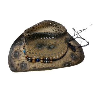 Chapeau de cowboy en paille ajourée avec dégradé de marron et ruban perlé vintage