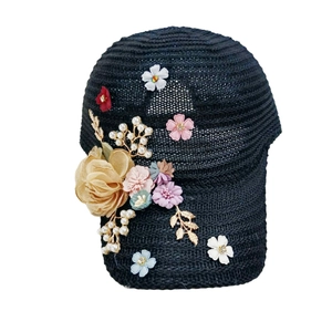 Breathable hollow knit baseball cap for women with 3D floral accents and pearls