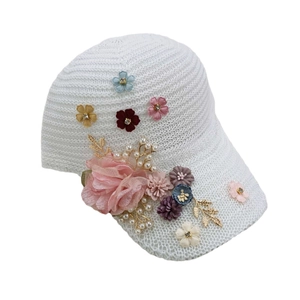 White knitted floral baseball cap with pink flowers, multi-color daisies and pearl beads