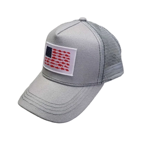 Grey trucker hat with American flag fishing theme embroidery and breathable mesh back