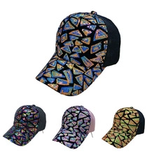 Detail showing colorful laser geometric sequins on adjustable mesh baseball caps