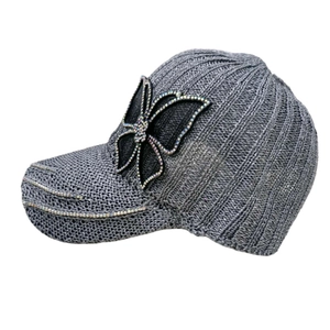 Women's dark gray baseball cap with rhinestone butterfly patch and glitter knit finish