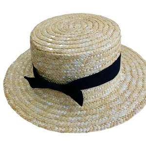 Chapeau canotier en paille pour femme avec ruban gros-grain noir et joli nœud
