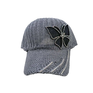 Women's dark gray knit baseball cap with rhinestone butterfly decoration and visor accents