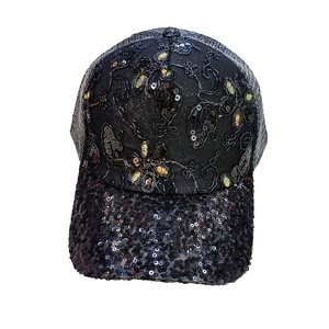 Women's black lace sequin baseball cap with floral embroidery and breathable mesh back