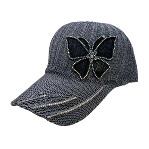 Gray knitted baseball cap with rhinestone butterfly and stylish decorative brim details