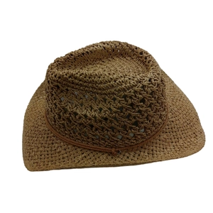Men's breathable brown straw cowboy sun hat with hollow weaving and rope band detail