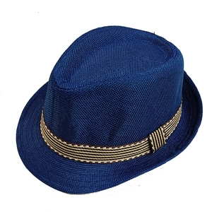Classic dark blue woven fedora for kids with stylish striped band for sun protection