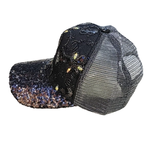 Women's black lace sequin baseball cap with floral bead embroidery and mesh back