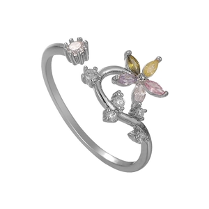 Floral vine open ring with colorful marquise-cut zircons in a silver-toned metal finish