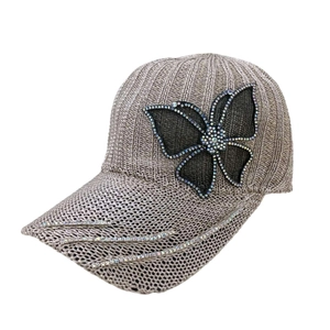 Champagne gold women baseball cap with rhinestone butterfly and breathable knit structure