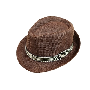 Kids dark brown straw fedora hat with striped band for beach and outdoor leisure wear
