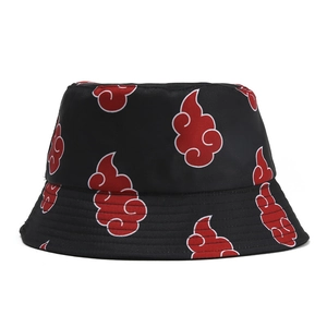 Black bucket hat with red clouds print from anime, casual outdoor sun protection cap