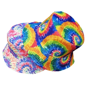 Two vibrant tie-dye bucket hats with colorful spiral patterns for sun protection