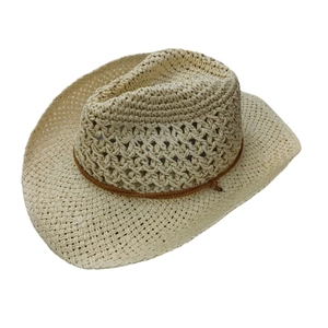 Breathable straw cowboy sun hat with open-weave design and brown cord trim in beige
