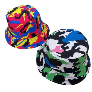 Detail of colorful camo bucket hats with reinforced stitching and durable canvas fabric