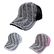Three-color set of rhinestone baseball caps featuring mesh knit and pearl embellishments