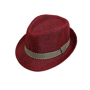 Classic dark red fedora straw hat with striped ribbon for children outdoor beach wear